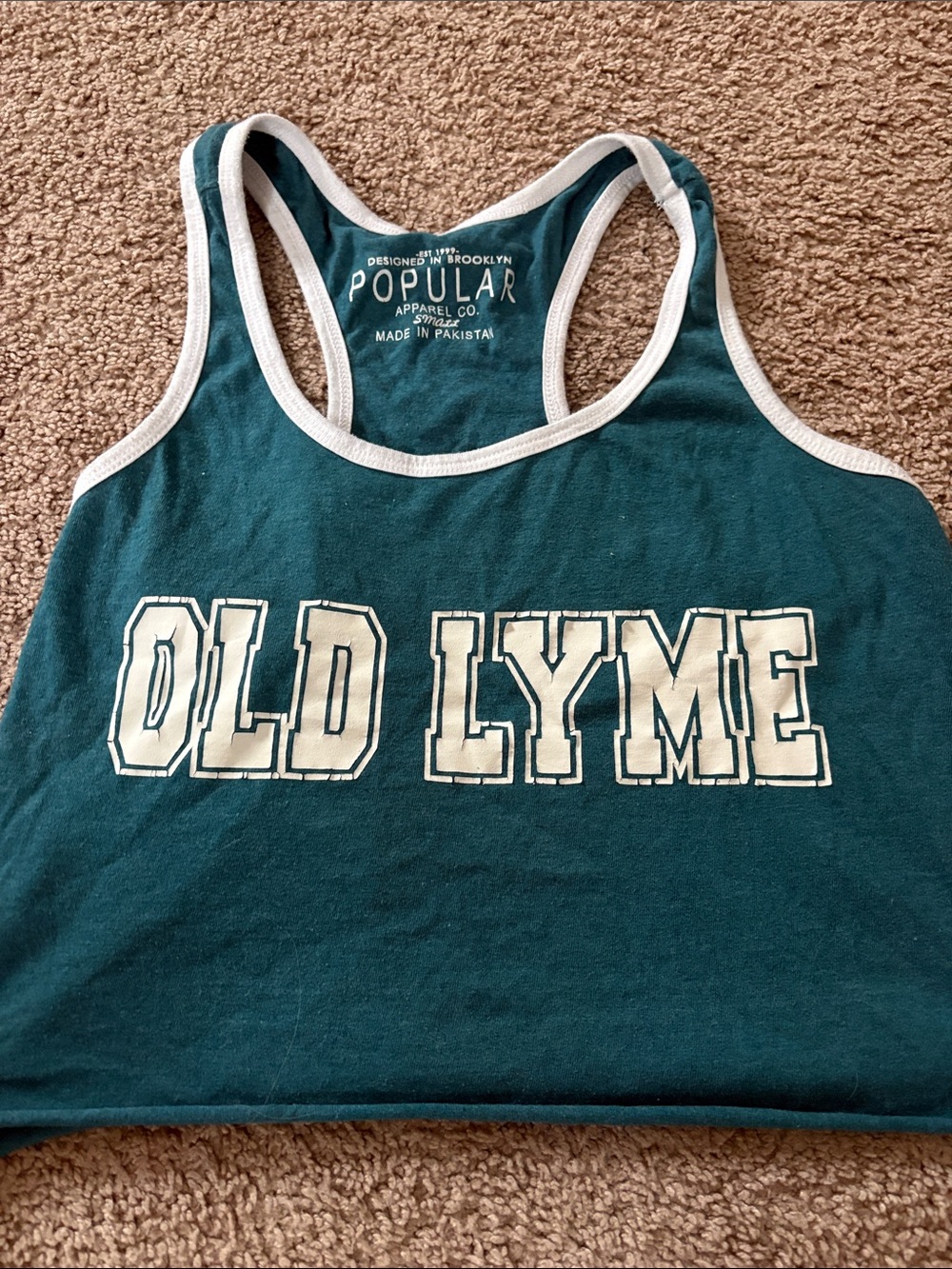 Old Lyme Teal Racerback Crop Tank with White Trim